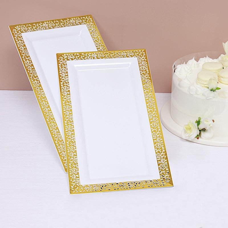 4 pcs 14" Rectangle Serving Trays with Metallic Gold Lace Design - White DSP_TR0004_14_WHTGD