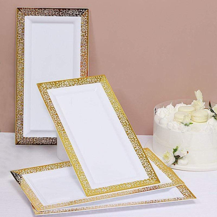 4 pcs 14" Rectangle Serving Trays with Metallic Gold Lace Design - White DSP_TR0004_14_WHTGD