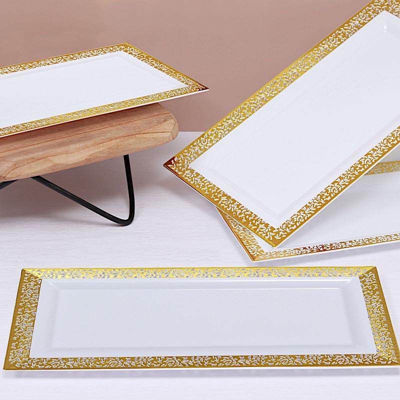 4 pcs 14" Rectangle Serving Trays with Metallic Gold Lace Design - White DSP_TR0004_14_WHTGD