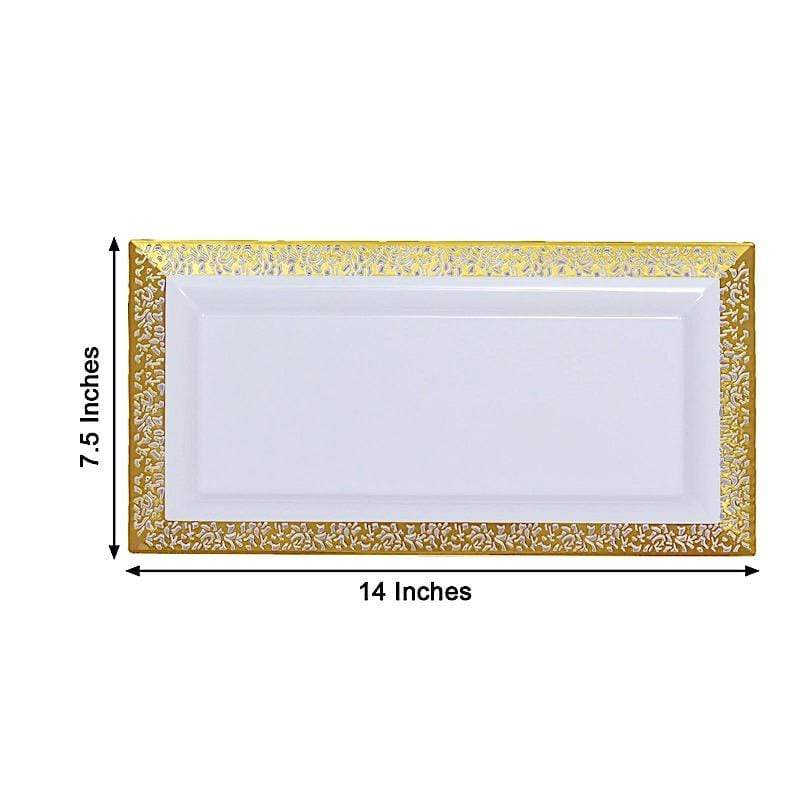 4 pcs 14" Rectangle Serving Trays with Metallic Gold Lace Design - White DSP_TR0004_14_WHTGD