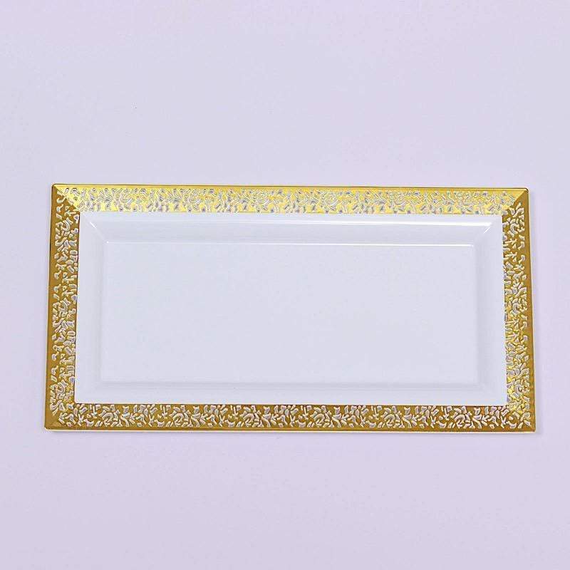 4 pcs 14" Rectangle Serving Trays with Metallic Gold Lace Design - White DSP_TR0004_14_WHTGD