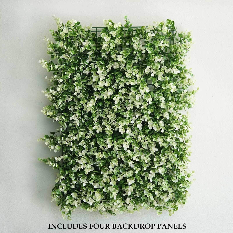 4 pcs Artificial Boxwood Leaves Foliage UV Protected Wall Backdrop Panels 11 sq ft - Green and White ARTI_5062_GRN_19