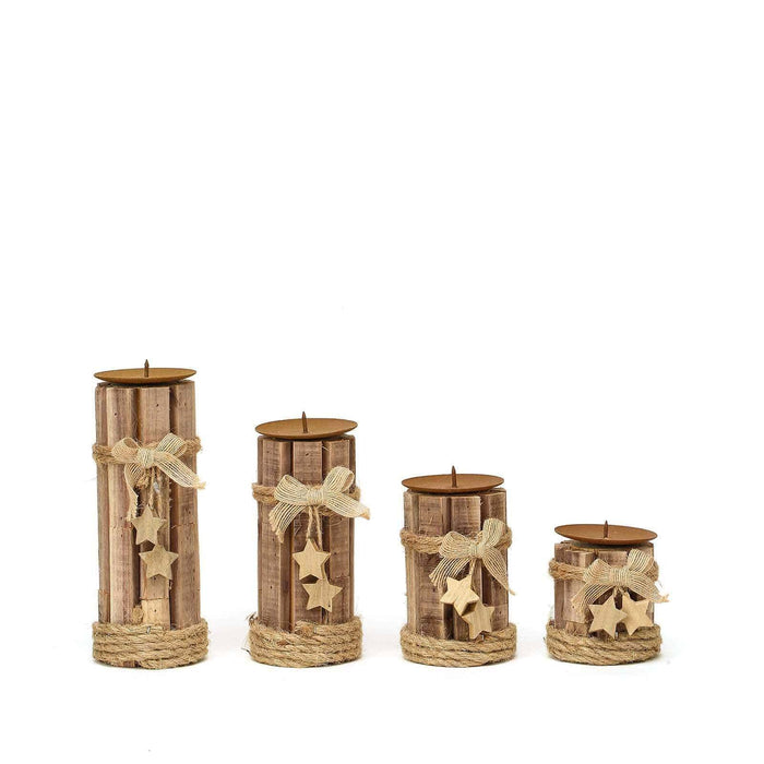 4 pcs Assorted Wood Candle Holders with String Ribbons and Stars - Natural WOD_CAND_004_NAT