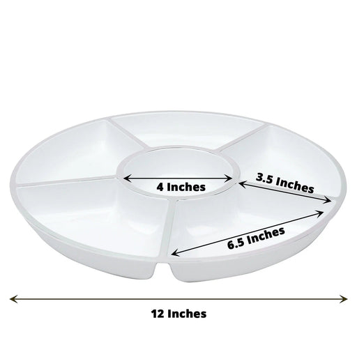 4 Round 12" Plastic Food Serving Trays with Compartments - White with Silver Rim DSP_TR0002_12_WHTSV