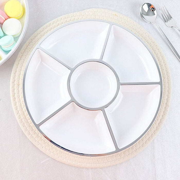 4 Round 12" Plastic Food Serving Trays with Compartments - White with Silver Rim DSP_TR0002_12_WHTSV