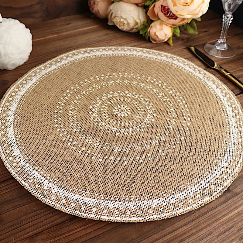 4 Round 15" Braided Burlap Jute Woven Placemats - Natural and White PLMAT_JUTE03_WHT