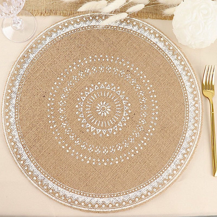 4 Round 15" Braided Burlap Jute Woven Placemats - Natural and White PLMAT_JUTE03_WHT