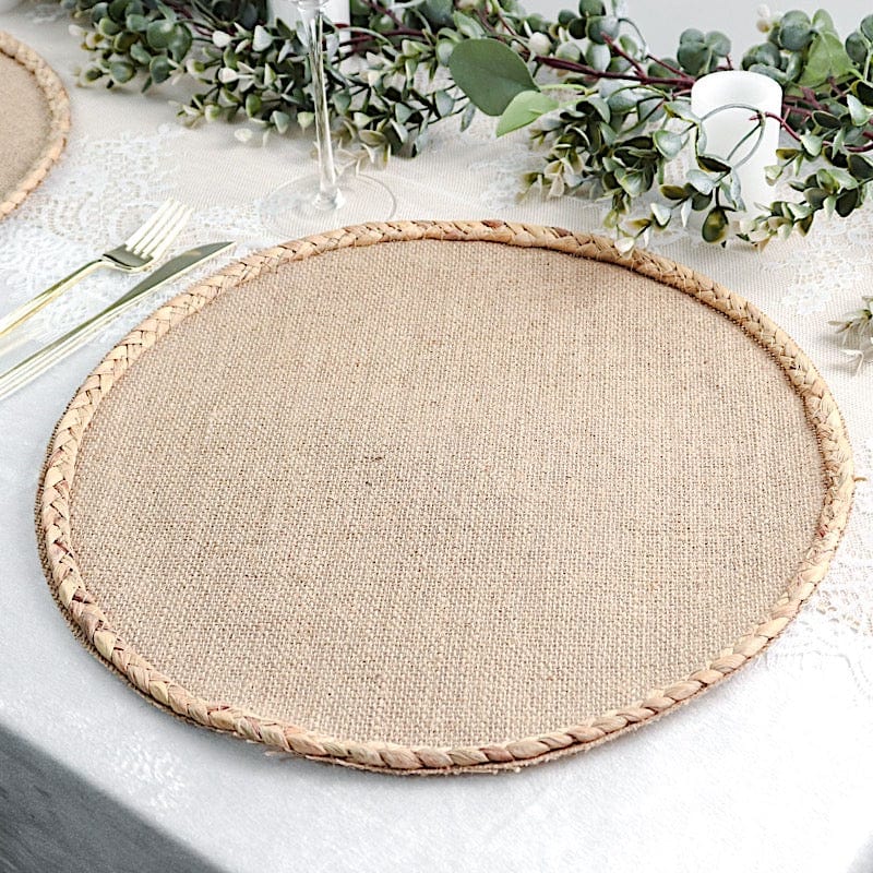 4 Round 15" Burlap Jute Placemats with Braided Rim - Natural PLMAT_JUTE01_NAT