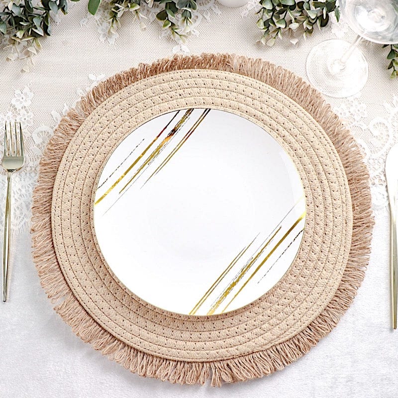 4 Round 15" Burlap Placemats with Fringed Edges - Natural PLMAT_COT02_NAT