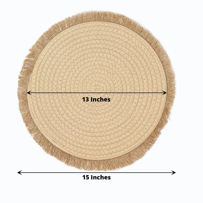 4 Round 15" Burlap Placemats with Fringed Edges - Natural PLMAT_COT02_NAT