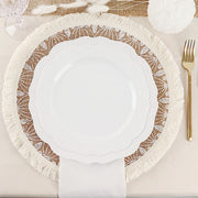 4 Round 15" Mandala Print Burlap Placemats with Fringe Rim - Natural and White PLMAT_JUTE04_WHT