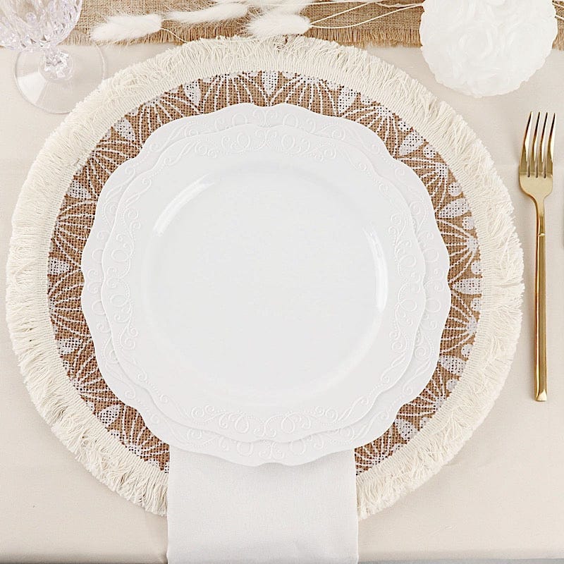 4 Round 15" Mandala Print Burlap Placemats with Fringe Rim - Natural and White PLMAT_JUTE04_WHT