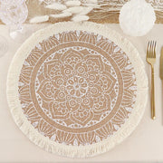 4 Round 15" Mandala Print Burlap Placemats with Fringe Rim - Natural and White PLMAT_JUTE04_WHT