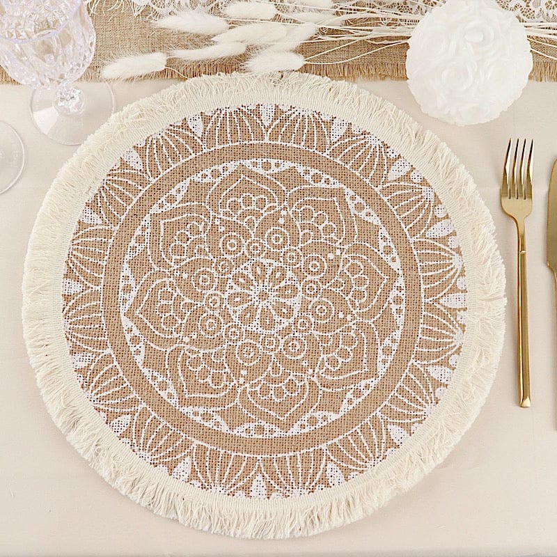 4 Round 15" Mandala Print Burlap Placemats with Fringe Rim - Natural and White PLMAT_JUTE04_WHT