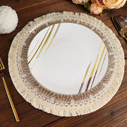 4 Round 15" Mandala Print Burlap Placemats with Fringe Rim - Natural and White PLMAT_JUTE04_WHT