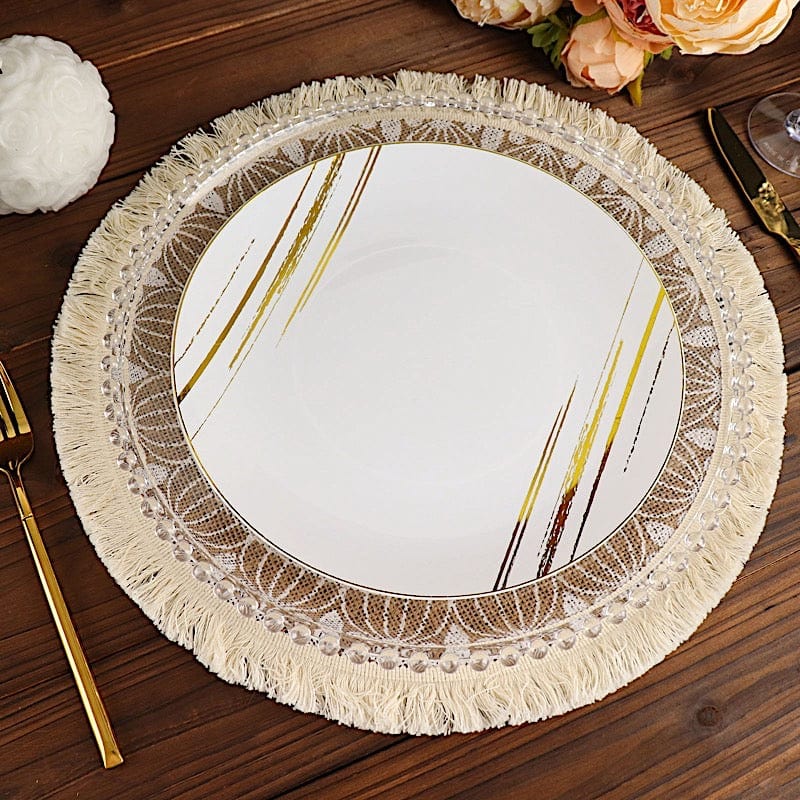 4 Round 15" Mandala Print Burlap Placemats with Fringe Rim - Natural and White PLMAT_JUTE04_WHT