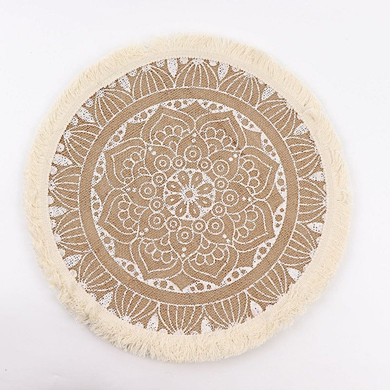 4 Round 15" Mandala Print Burlap Placemats with Fringe Rim - Natural and White PLMAT_JUTE04_WHT
