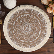 4 Round 15" Mandala Print Burlap Placemats with Fringe Rim - Natural and White PLMAT_JUTE04_WHT