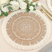 4 Round 15" Mandala Print Burlap Placemats with Fringe Rim - Natural and White PLMAT_JUTE04_WHT