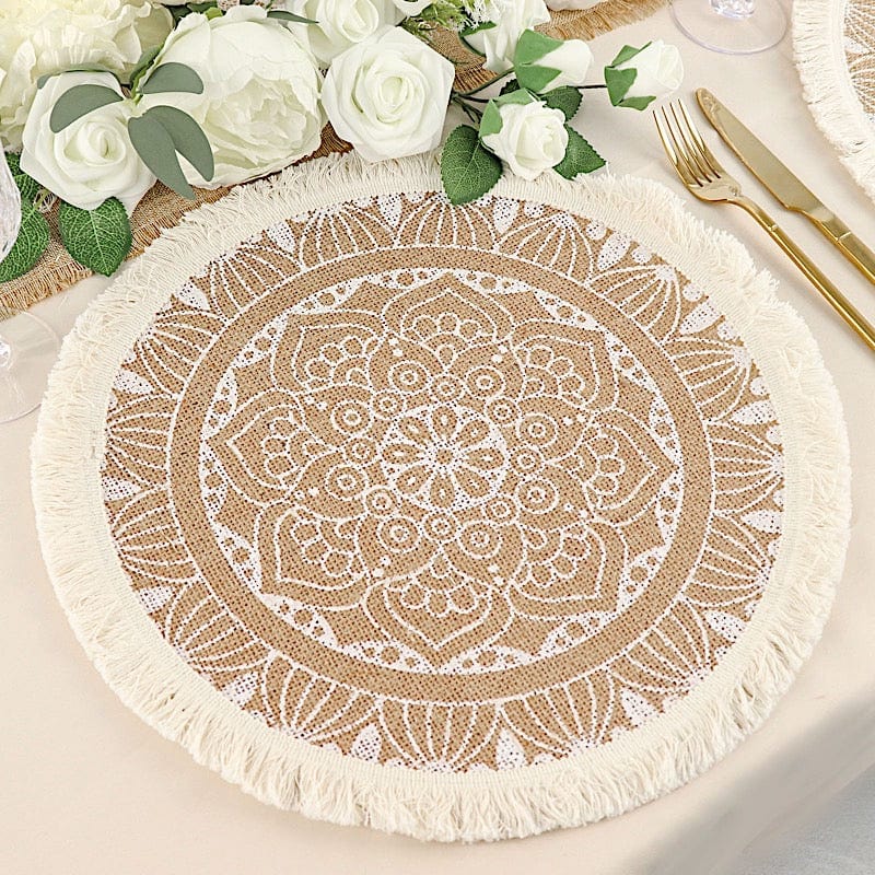 4 Round 15" Mandala Print Burlap Placemats with Fringe Rim - Natural and White PLMAT_JUTE04_WHT