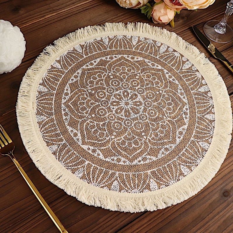 4 Round 15" Mandala Print Burlap Placemats with Fringe Rim - Natural and White PLMAT_JUTE04_WHT