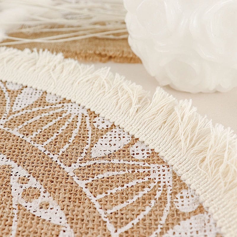 4 Round 15" Mandala Print Burlap Placemats with Fringe Rim - Natural and White PLMAT_JUTE04_WHT