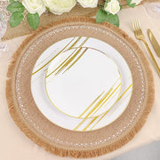 4 Round 15" Printed Burlap Placemats with Fringe Tassel Rim - Natural and White PLMAT_JUTE07_WHT