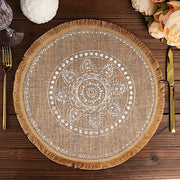 4 Round 15" Printed Burlap Placemats with Fringe Tassel Rim - Natural and White PLMAT_JUTE07_WHT