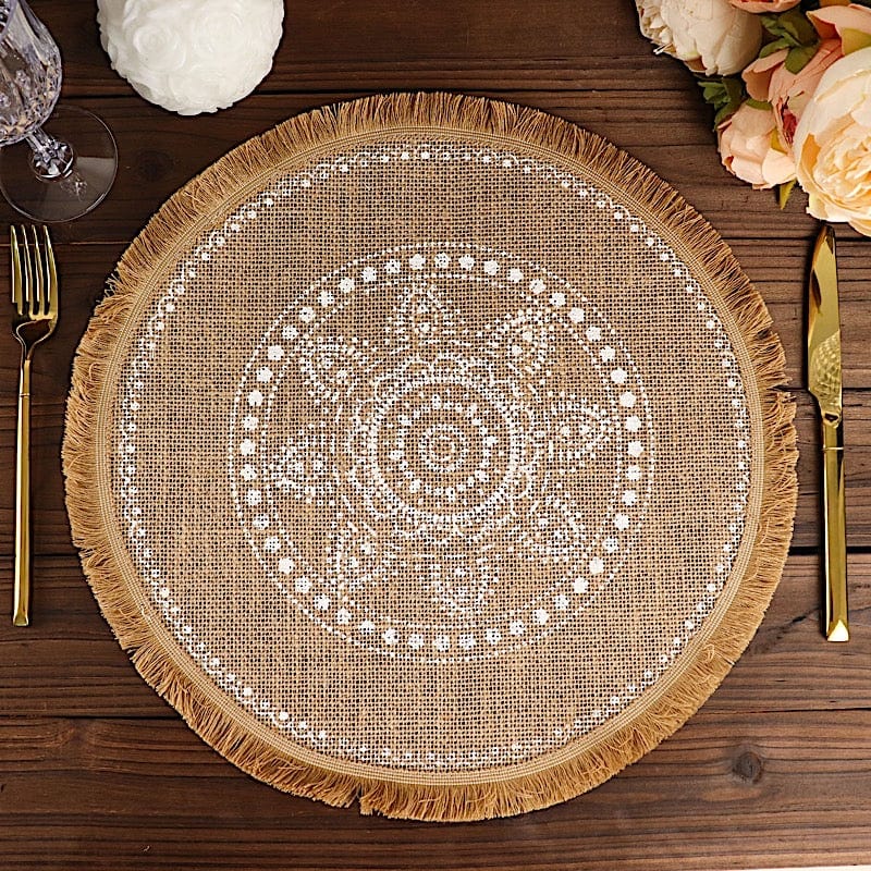 4 Round 15" Printed Burlap Placemats with Fringe Tassel Rim - Natural and White PLMAT_JUTE07_WHT