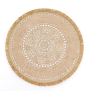 4 Round 15" Printed Burlap Placemats with Fringe Tassel Rim - Natural and White PLMAT_JUTE07_WHT