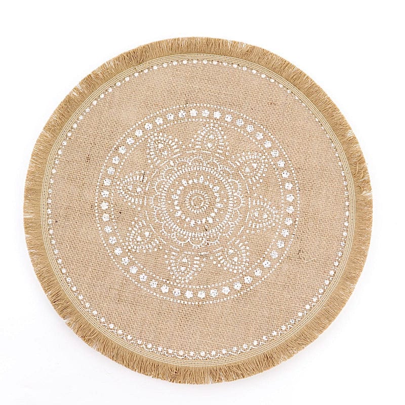 4 Round 15" Printed Burlap Placemats with Fringe Tassel Rim - Natural and White PLMAT_JUTE07_WHT