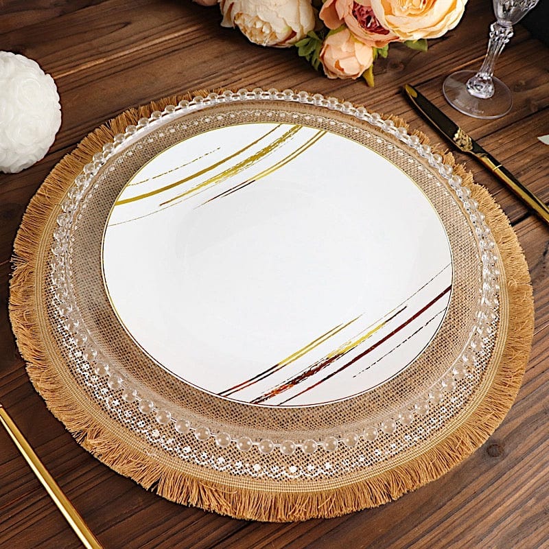 4 Round 15" Printed Burlap Placemats with Fringe Tassel Rim - Natural and White PLMAT_JUTE07_WHT