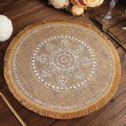 4 Round 15" Printed Burlap Placemats with Fringe Tassel Rim - Natural and White PLMAT_JUTE07_WHT