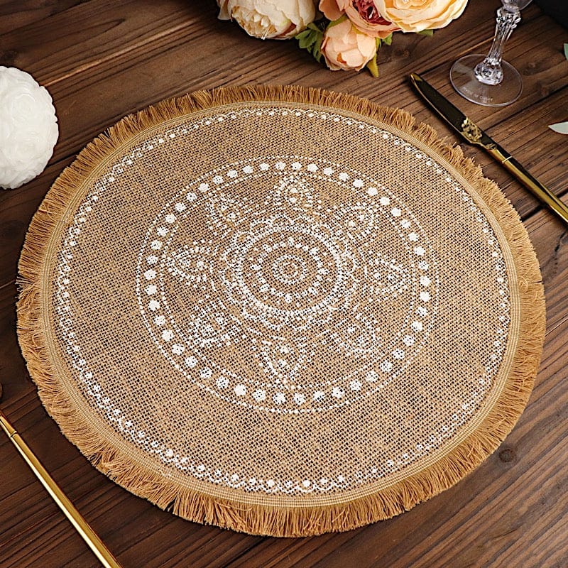 4 Round 15" Printed Burlap Placemats with Fringe Tassel Rim - Natural and White PLMAT_JUTE07_WHT