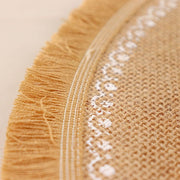 4 Round 15" Printed Burlap Placemats with Fringe Tassel Rim - Natural and White PLMAT_JUTE07_WHT