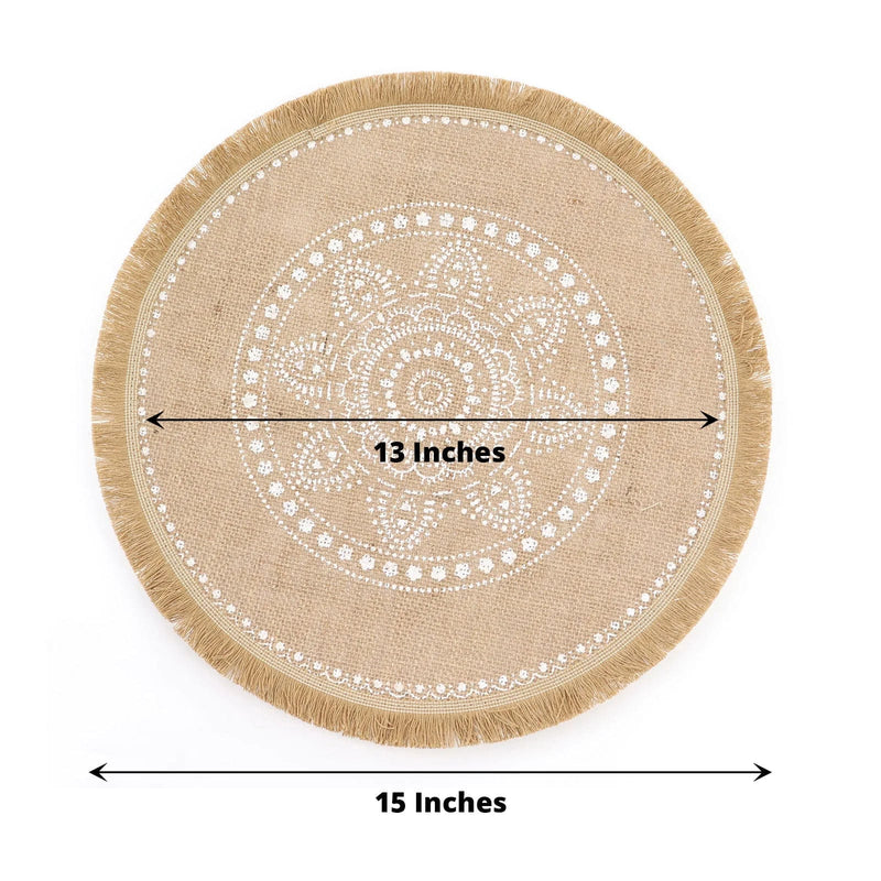 4 Round 15" Printed Burlap Placemats with Fringe Tassel Rim - Natural and White PLMAT_JUTE07_WHT