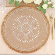 4 Round 15" Printed Burlap Placemats with Fringe Tassel Rim - Natural and White PLMAT_JUTE07_WHT