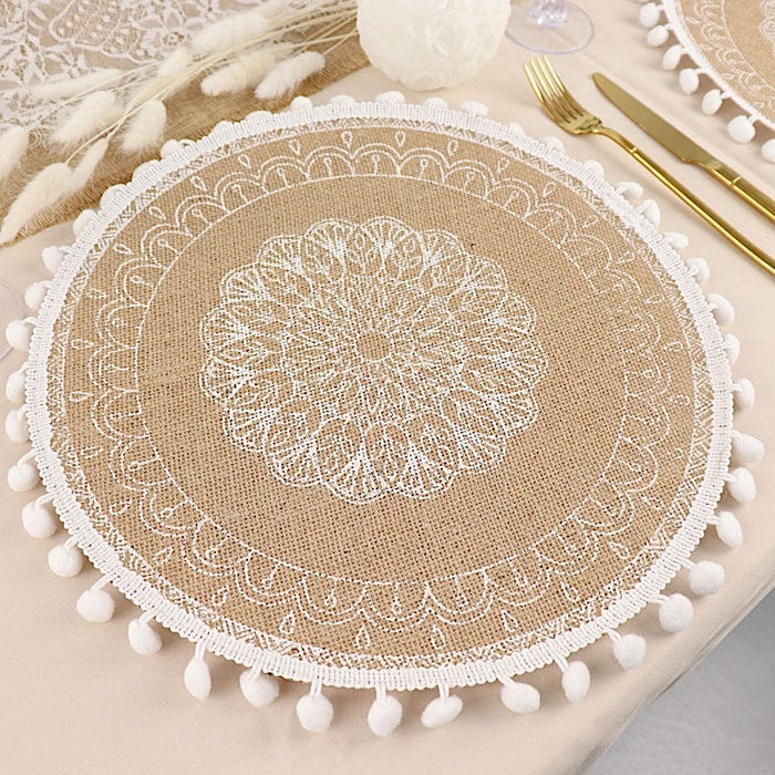 4 Round 15" Printed Burlap Woven Placemats with Beaded Rim - Natural and White PLMAT_JUTE06_WHT