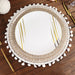 4 Round 15" Printed Burlap Woven Placemats with Beaded Rim - Natural and White PLMAT_JUTE06_WHT