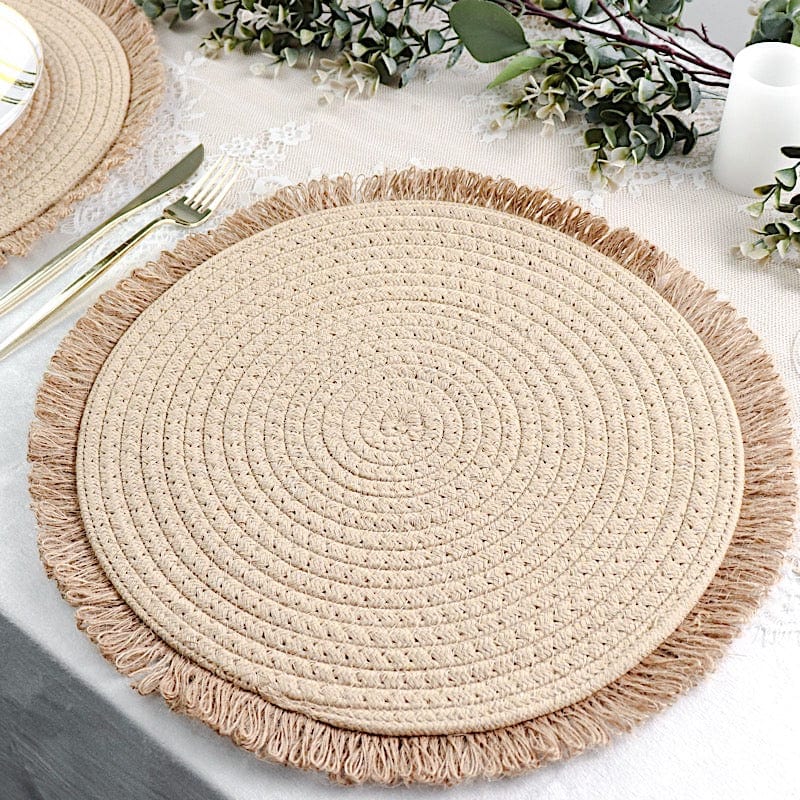 4 Round 15" Round Burlap Placemats with Fringed Edges - Natural PLMAT_COT02_NAT