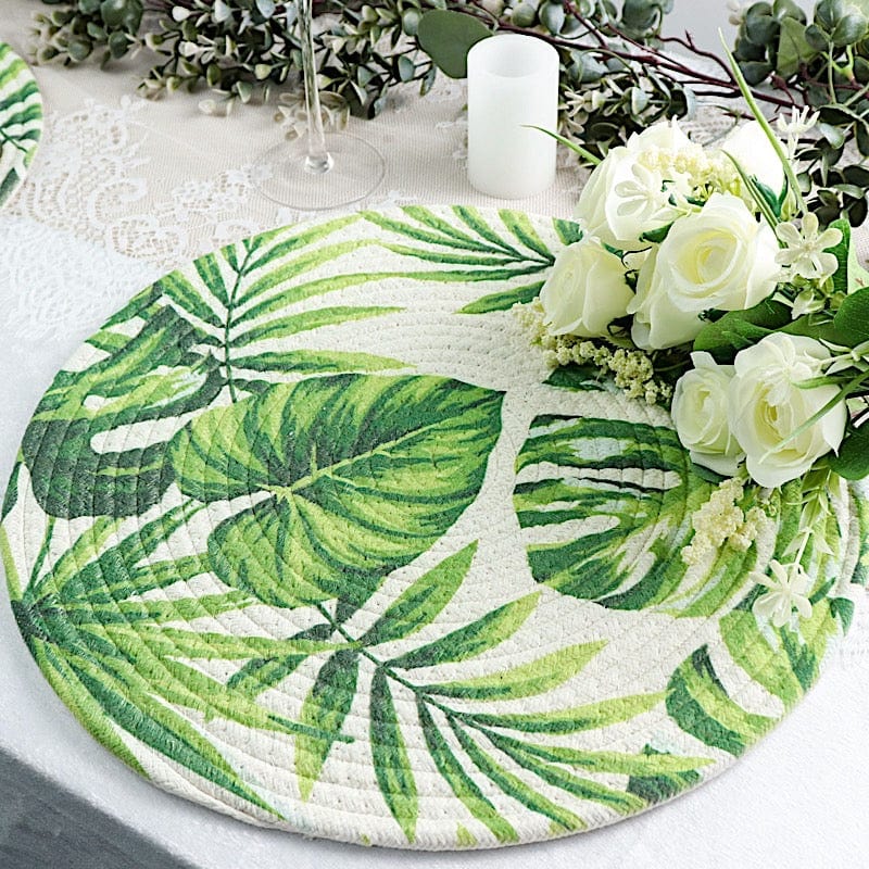 4 Round 15" Tropical Leaf Woven Cotton Placemats - Green PLMAT_COT01_LEAF