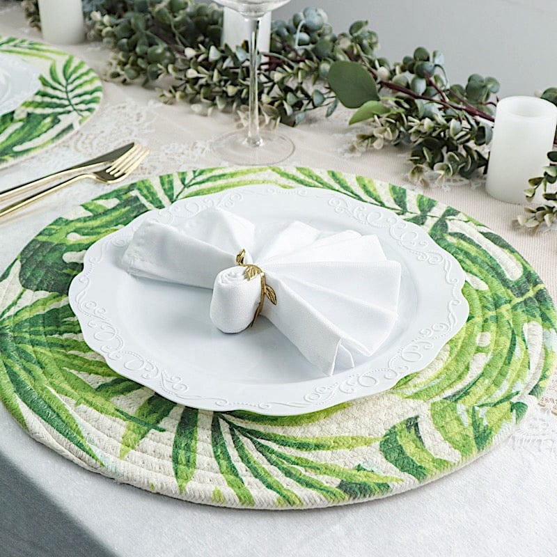 4 Round 15" Tropical Leaf Woven Cotton Placemats - Green PLMAT_COT01_LEAF
