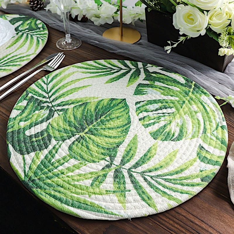 4 Round 15" Tropical Leaf Woven Cotton Placemats - Green PLMAT_COT01_LEAF