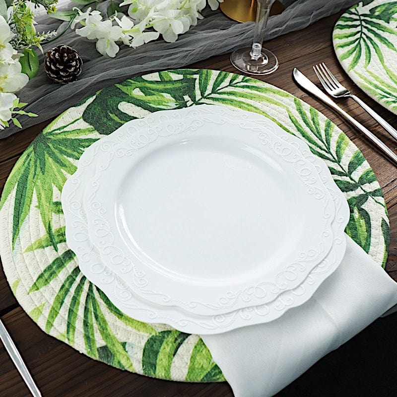 4 Round 15" Tropical Leaf Woven Cotton Placemats - Green PLMAT_COT01_LEAF
