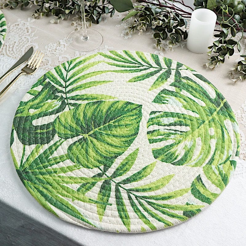 4 Round 15" Tropical Leaf Woven Cotton Placemats - Green PLMAT_COT01_LEAF