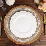 4 Round 15" Woven Burlap Placemats with Print and Fringe Rim - Natural and White PLMAT_JUTE05_WHT