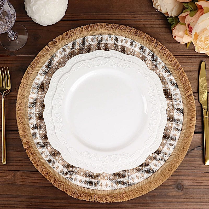 4 Round 15" Woven Burlap Placemats with Print and Fringe Rim - Natural and White PLMAT_JUTE05_WHT