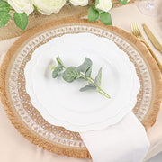 4 Round 15" Woven Burlap Placemats with Print and Fringe Rim - Natural and White PLMAT_JUTE05_WHT