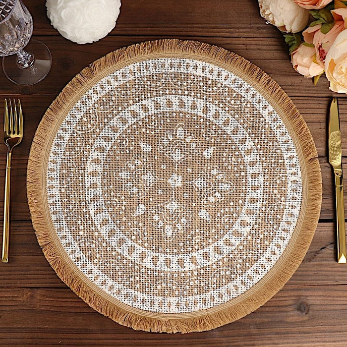 4 Round 15" Woven Burlap Placemats with Print and Fringe Rim - Natural and White PLMAT_JUTE05_WHT