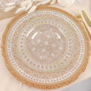 4 Round 15" Woven Burlap Placemats with Print and Fringe Rim - Natural and White PLMAT_JUTE05_WHT